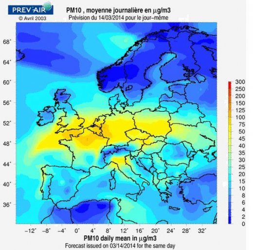La concentration moyenne des fines particules PM10 exède les valeurs limites sur toute l'Europe le 14 mars 2014